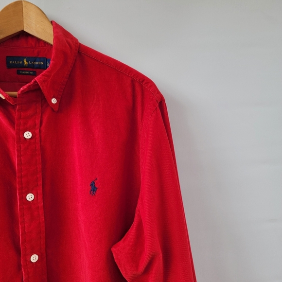 Ralph Lauren Classic Fit Corduroy Shirt Men's Large Red Button Down Preppy Pony - Picture 4 of 16